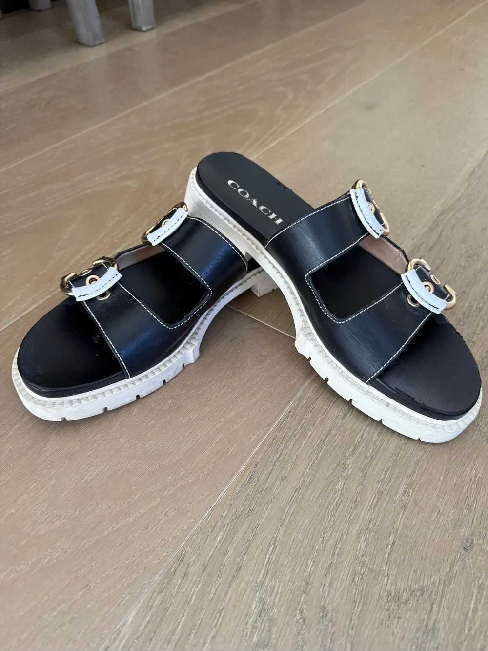 Coach Black and White Double Buckle Slide Sandals